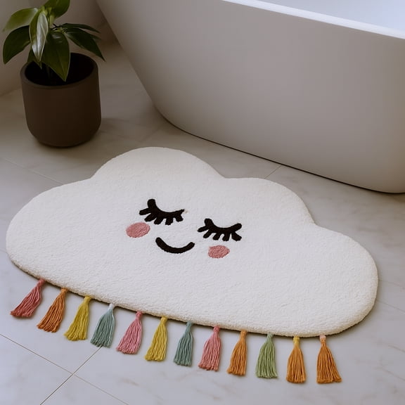 2' X 4' White Cloud Shape Smiley Face Washable Area Rug With Tassels