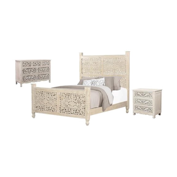 HomeRoots 636276 3 Piece White Solid Wood Bedroom Set with King Size Mattress