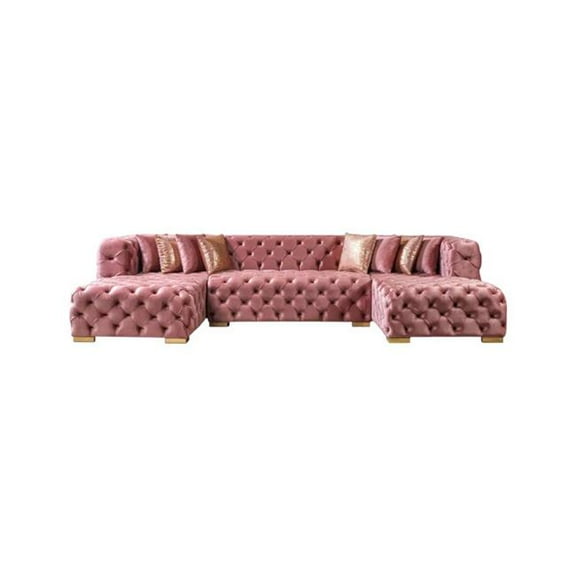HomeRoots 642269 Tufted Pink Velvet Modular U Shaped Sofa & Chaise Sectional with Toss Pillows