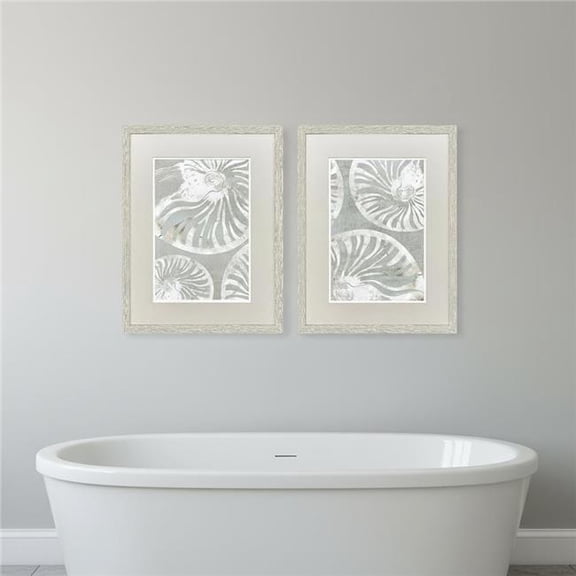 HomeRoots 653906 Nautilus Shell Distressed White Framed Wall Art, Set of 2