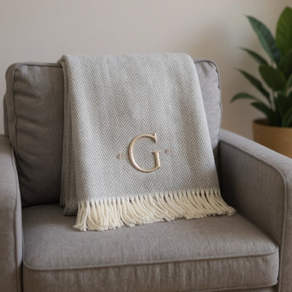 55" X 70" Gray And White Herringbone Cotton Blend G Initial Throw Blanket with Tassels And Embroidery