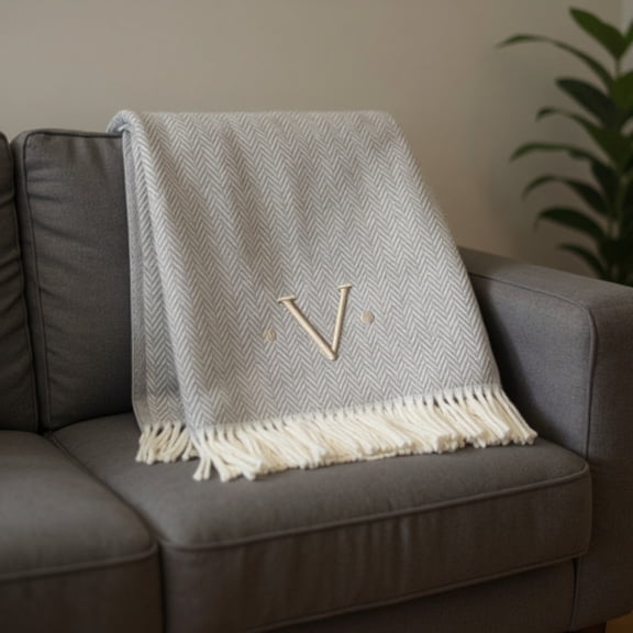 55" X 70" Gray And White Herringbone Cotton Blend V Initial Throw Blanket with Tassels And Embroidery
