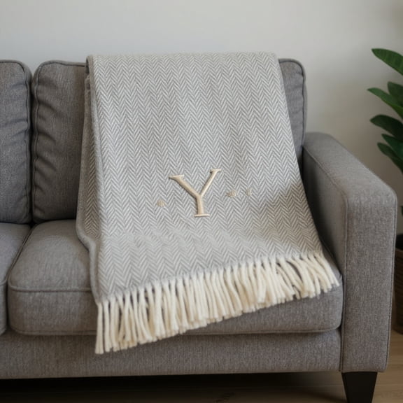 55" X 70" Gray And White Herringbone Cotton Blend Y Initial Throw Blanket with Tassels And Embroidery