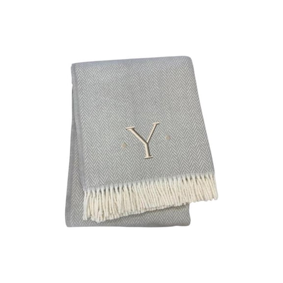 HomeRoots 655548 70 x 55 x 0.50 in. Gray & White Herringbone Cotton Blend Y Initial Throw Blanket with Tassels & Embroidery