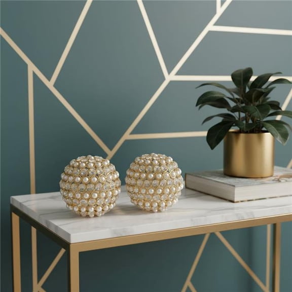 HomeRoots 659494 5 in. Gold Clear & Ivory Metal Faux Crystal & Pearl Decorative Orbs, Set of 2