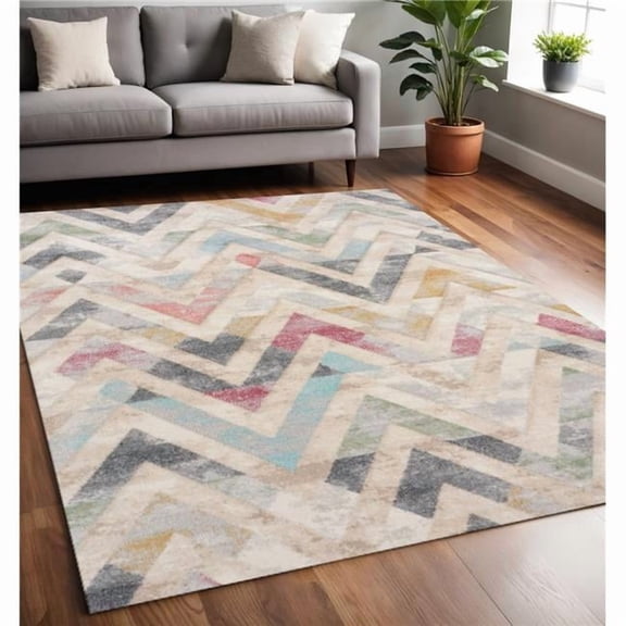 HomeRoots 661359 5 x 8 ft. Cream Blue & Pink Chevron Rectangle Area Rug