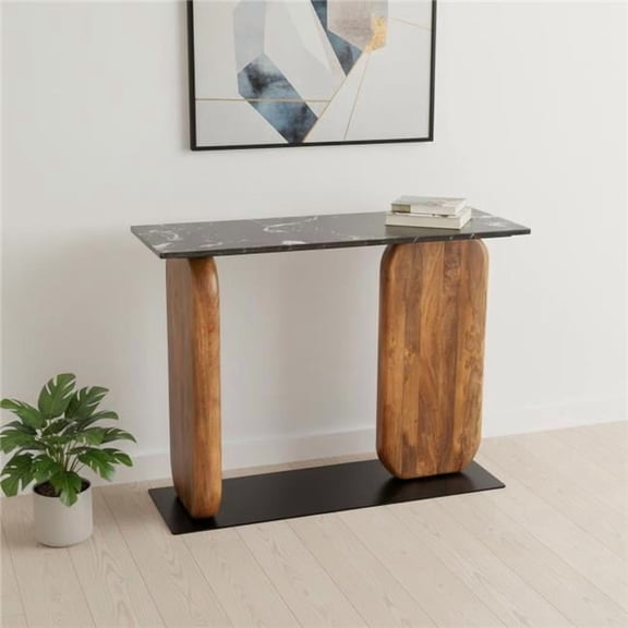 HomeRoots 668883 43 in. Black & Brown Genuine Marble & Solid Wood Console Table