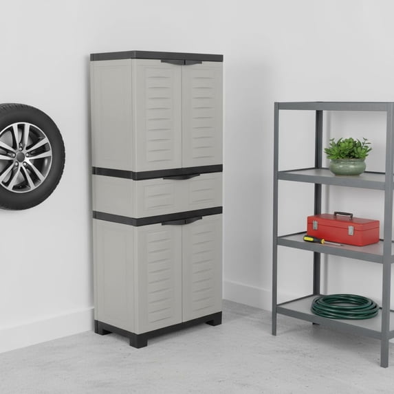 HomeRoots 668933 57 in. Black & Gray Heavy Duty Plastic 4 Door Utility Cabinet