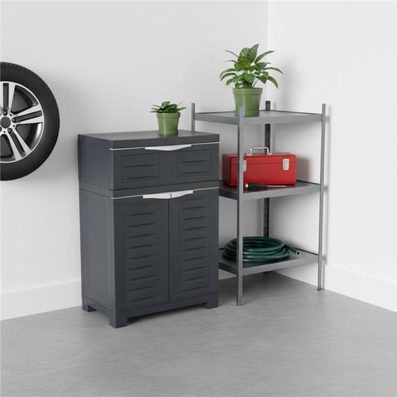 HomeRoots 668937 35 in. Dark Gray Heavy Duty Plastic 1 Door & 1 Drawer Utility Cabinet
