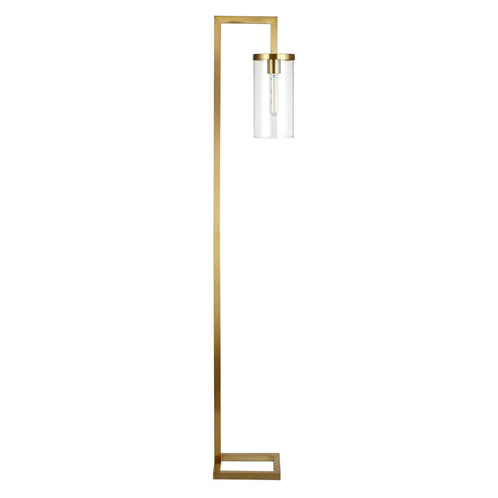 HomeRoots 67" Brass Reading Floor Lamp With Clear Transparent Glass Drum Shade