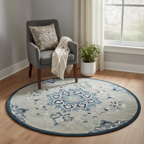 3' Blue And Gray Wool Medallion Hand Tufted Round Rug