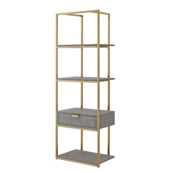 HomeRoots 544738 68 in. Stainless Steel Four Tier Etagere Bookcase with A Drawer, Gray