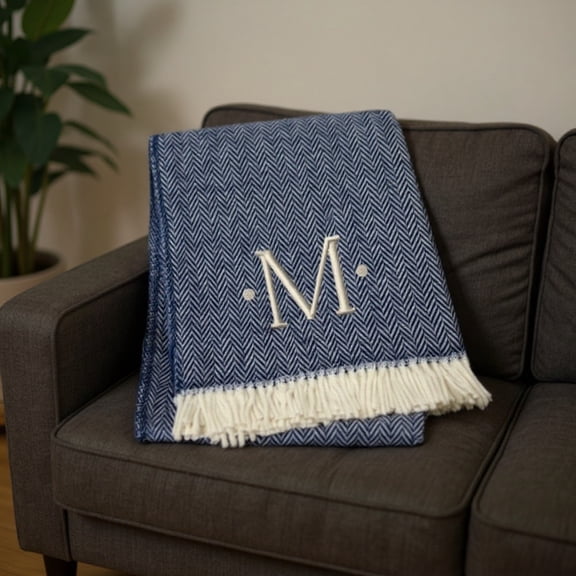 55" X 70" Navy Blue And White Herringbone Cotton Blend M Initial Throw Blanket with Tassels And Embroidery