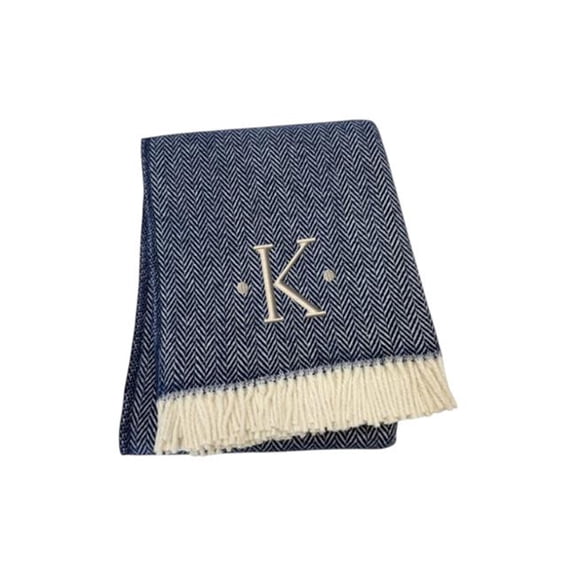 HomeRoots 680222 70 x 55 x 0.50 in. Navy Blue & White Herringbone Cotton Blend K Initial Throw Blanket with Tassels & Embroidery