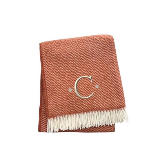 HomeRoots 680599 70 x 55 x 0.50 in. Terra Cotta & White Herringbone Cotton Blend C Initial Throw Blanket with Tassels & Embroidery