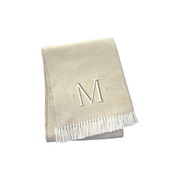 HomeRoots 680603 70 x 55 x 0.50 in. Linen & White Herringbone Cotton Blend M Initial Throw Blanket with Tassels & Embroidery