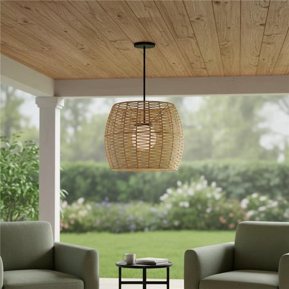 HomeRoots 683475 Natural & Black Rattan & Metal LED Dimmable Barrel Outdoor Hanging Pendant Light