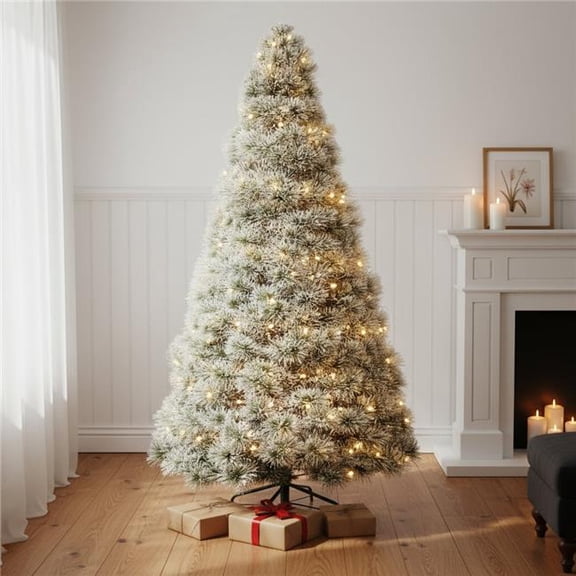 HomeRoots 693413 7.5 ft. White Pre Lit Full Flocked Spruce Christmas Tree