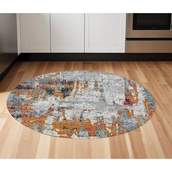 7' Blue and Orange Round Abstract Power Loom Area Rug
