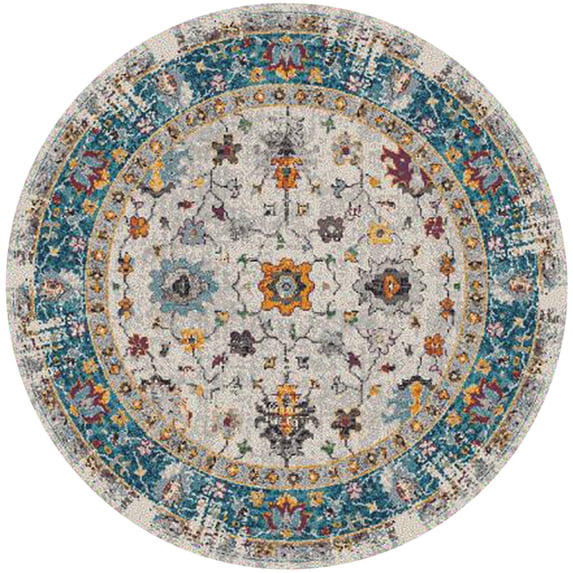 7' Blue and Orange Round Floral Power Loom Area Rug