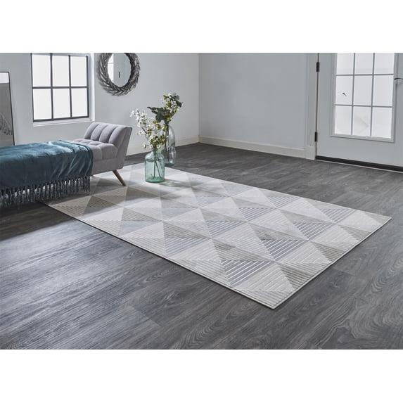 7' X 10' Beige Gray And Ivory Geometric Stain Resistant Area Rug