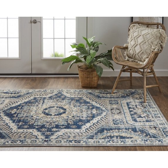 HomeRoots 7' X 10' Blue And Ivory Abstract Power Loom Distressed Stain Resistant Area Rug