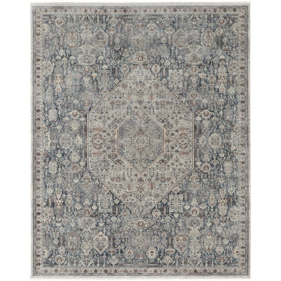 7' X 10' Blue And Ivory Floral Power Loom Stain Resistant Area Rug