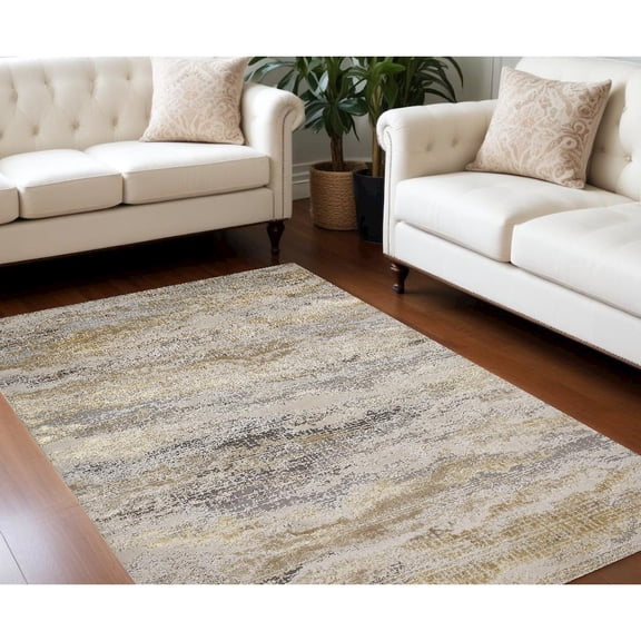 7' X 10' Gold Gray And Ivory Abstract Stain Resistant Area Rug