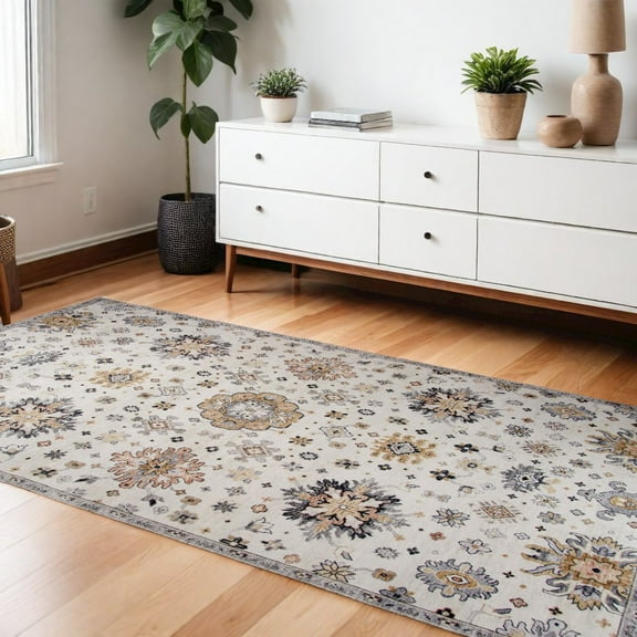 7' x 10' Gray and Gold Floral Area Rug