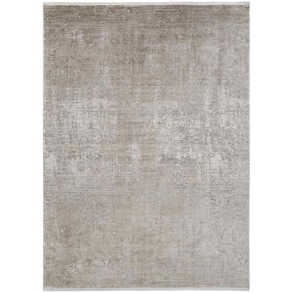 7' X 10' Tan Ivory And Gray Abstract Power Loom Distressed Area Rug With Fringe