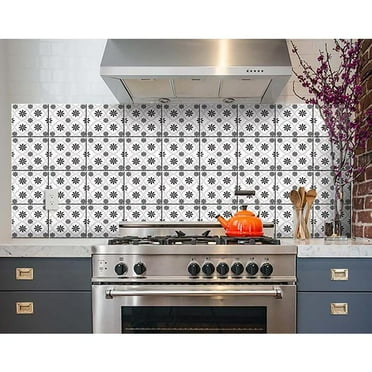 HomeRoots 7" X 7" Black and White Lil  Daisy Peel and Stick Removable Tiles Black