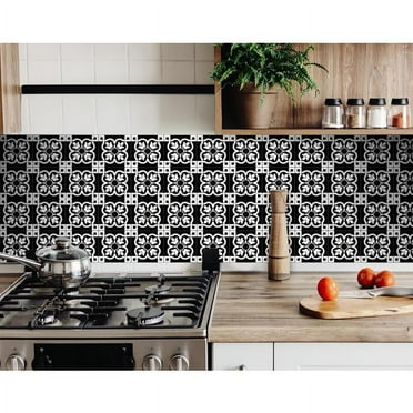 HomeRoots 7" X 7" Black and White Stark Peel and Stick Removable Tiles Black