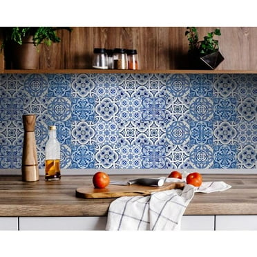 HomeRoots 7" X 7" Bluebell Lina Removable Peel and Stick Tiles Blue