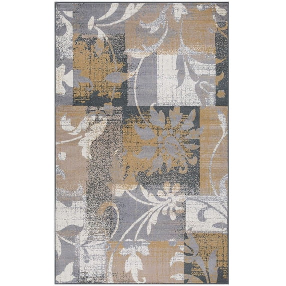 2' X 3' Beige And Gray Floral Power Loom Distressed Stain Resistant Area Rug