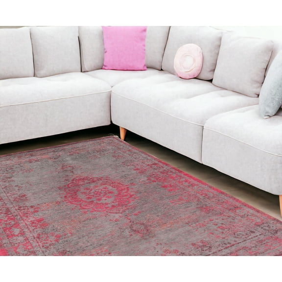 7' X 9' Gray and Pink Medallion Non Skid Area Rug