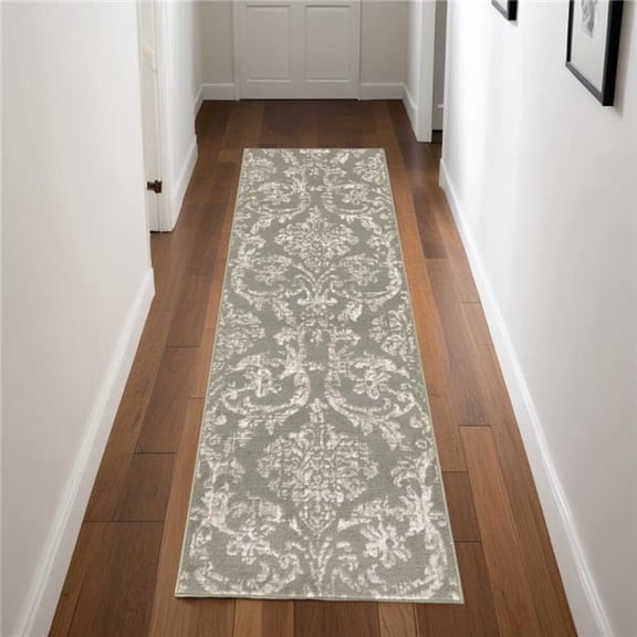 HomeRoots 552978 7 ft. Damask Distressed Runner Rug, Olive Green & Ivory