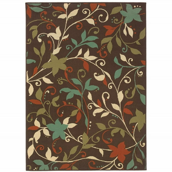 HomeRoots 7' x 10' Brown Floral Stain Resistant Indoor Outdoor Area Rug