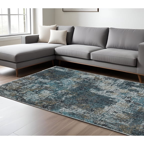 7' X 10' Blue And Gray Abstract Distressed Area Rug With Fringe