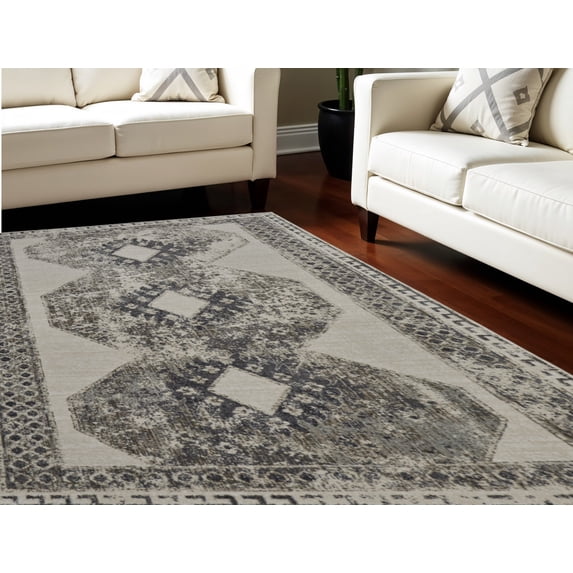 HomeRoots 565972 7 x 10 ft. Abstract Power Loom Worn Faded Traditional Rectangle Area Rug, Gray & Ivory
