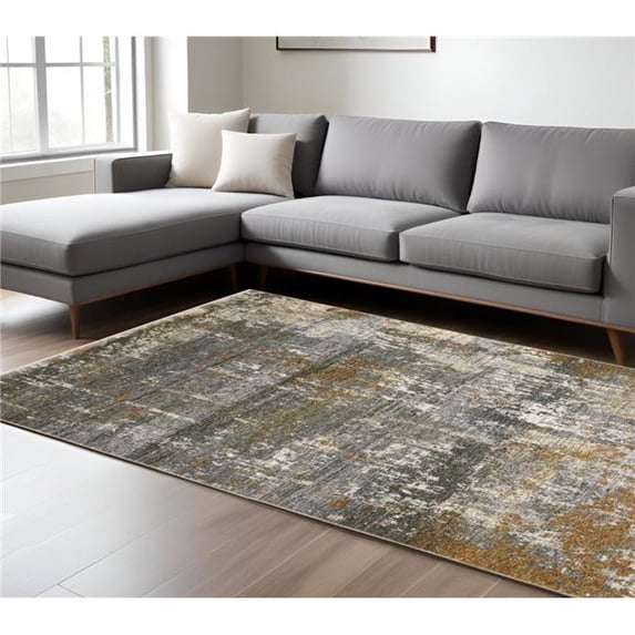 HomeRoots 575883 7 x 10 ft. Abstract Rectangle Area Rug with Fringe, Gray & Gold