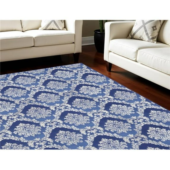 HomeRoots 550617 7 x 10 ft. Damask Distressed Non Skid Rectangle Area Rug, Ivory & Blue