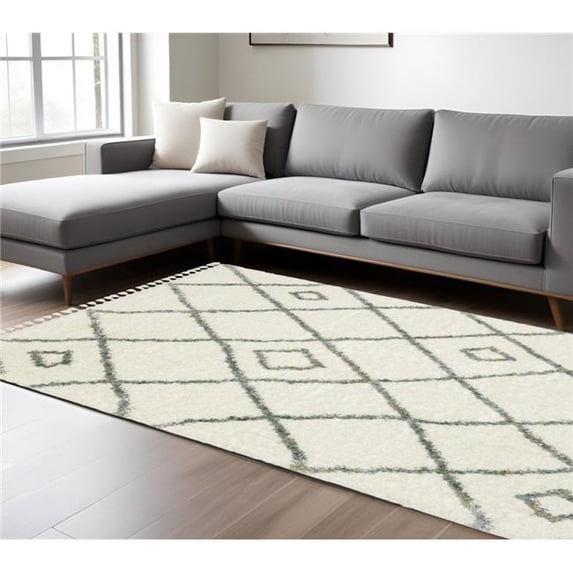 HomeRoots 574638 7 x 10 ft. Diamond Shag Rectangle Area Rug with Fringe, Ivory, Gray & Tan