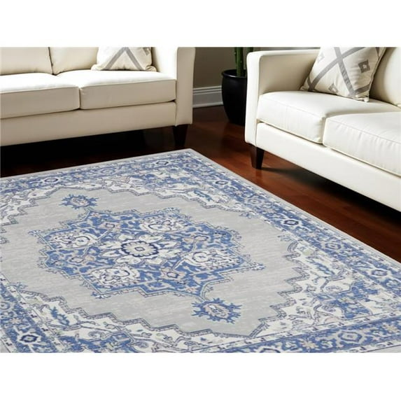 HomeRoots 550668 7 x 10 ft. Floral Medallion Distressed Non Skid Rectangle Area Rug, Ivory, Blue & Gray