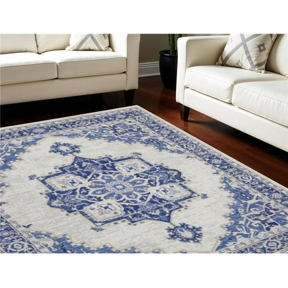 HomeRoots 7 x 10 ft. Floral Medallion Distressed Non Skid Rectangle Area Rug, Ivory & Blue