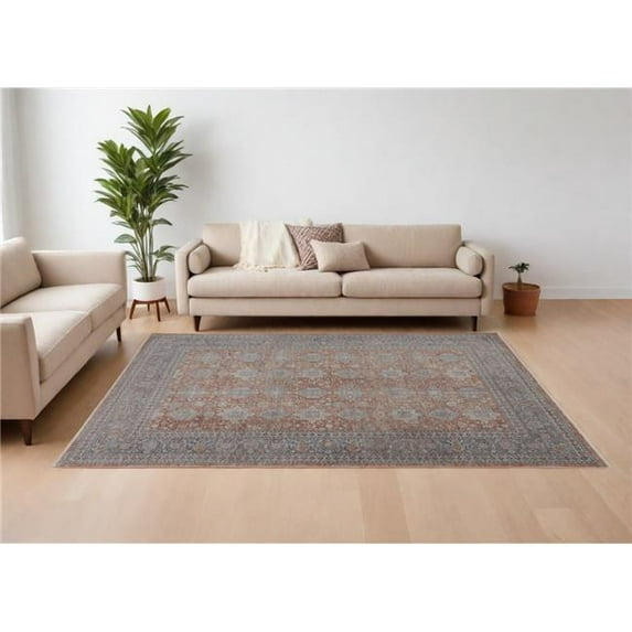 HomeRoots 567432 7 x 10 ft. Oriental Power Loom Worn Faded Rectangle Area Rug with Fringe, Blue & Red