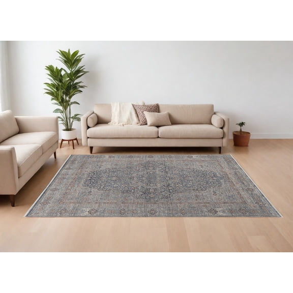 HomeRoots 567462 7 x 10 ft. Oriental Power Loom Worn Faded Rectangle Area Rug with Fringe, Gray, Blue & Red