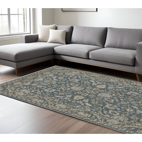 7' X 10' Blue And Beige Oriental Area Rug With Fringe