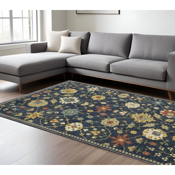 7' X 10' Blue And Gold Oriental Area Rug With Fringe