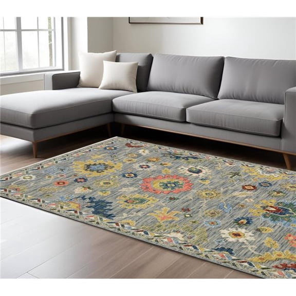 HomeRoots 575936 7 x 10 ft. Oriental Rectangle Area Rug with Fringe, Gray, Yellow & Blue