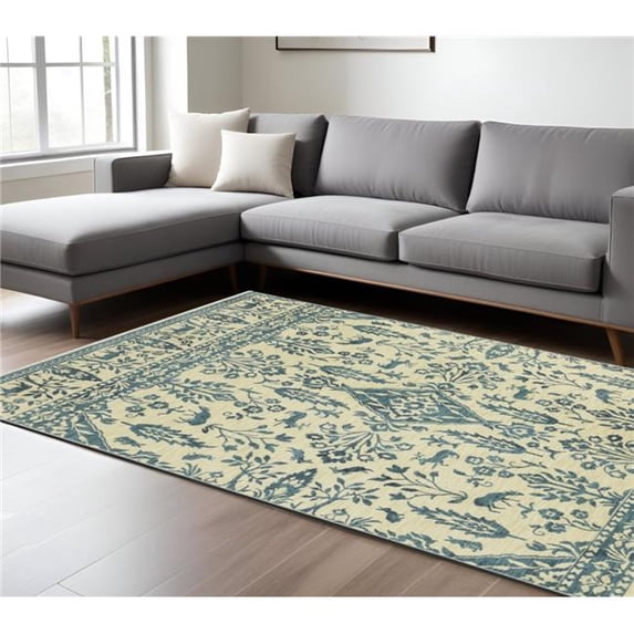 HomeRoots 574607 7 x 10 ft. Oriental Rectangle Area Rug with Fringe, Ivory & Blue